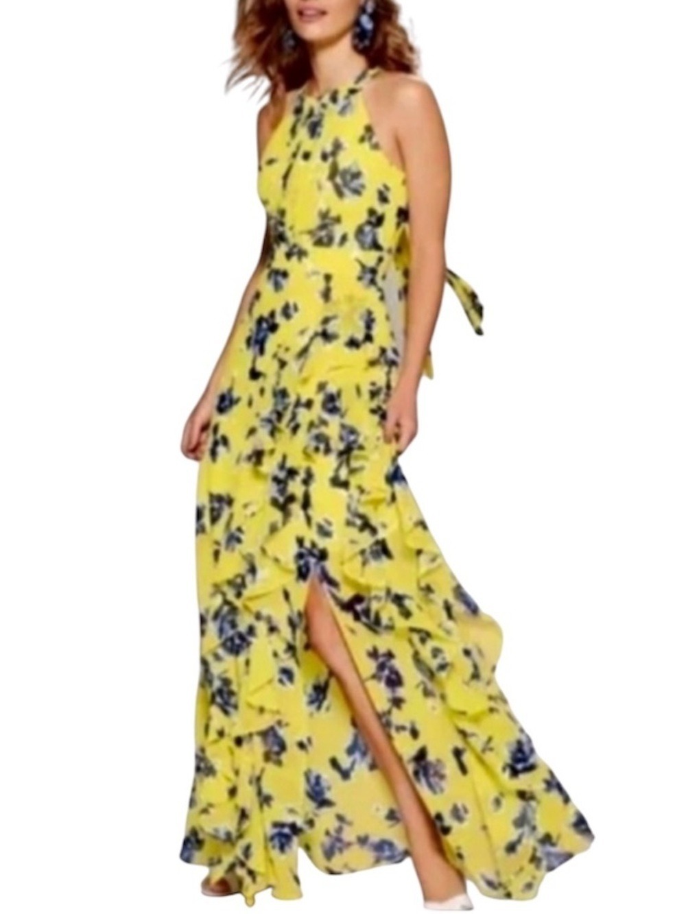 Eliza J Halter Ruffle Maxi Dress Yellow w/ Blue Floral Print Gown Sz 6